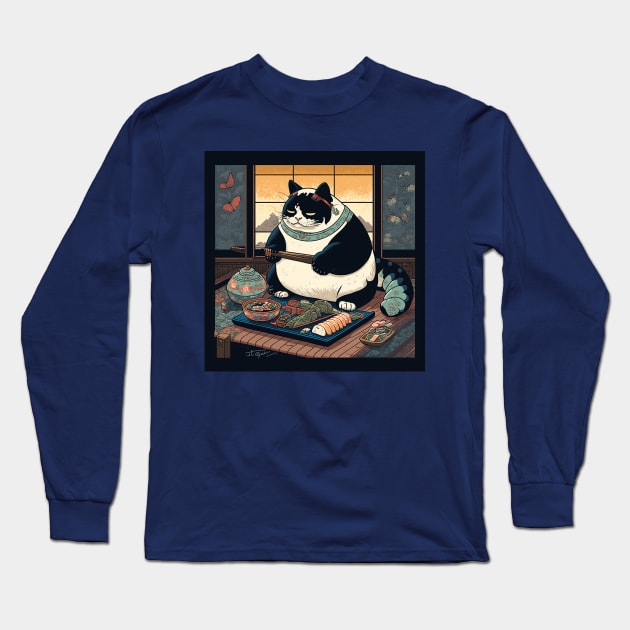 Tubby Kitty Eats Sushi Pt. 2 Long Sleeve T-Shirt by Bee's Pickled Art